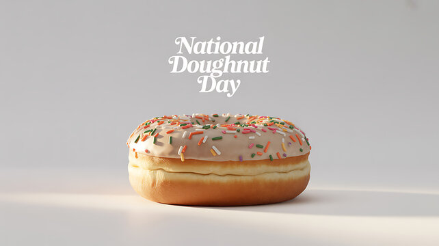 A glazed doughnut with colorful sprinkles on a white surface celebrating National Doughnut Day