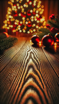 Polished Wooden Floor with Shallow Depth Under Christmas Lights