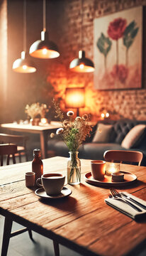 Sunlit Cafe Interior with Cozy Wooden Seating
