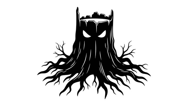 Spooky Tree Stump Monster: A menacing, stylized tree stump with glowing eyes and gnarled roots transforms into a creature of the night, embodying a dark forest spirit.