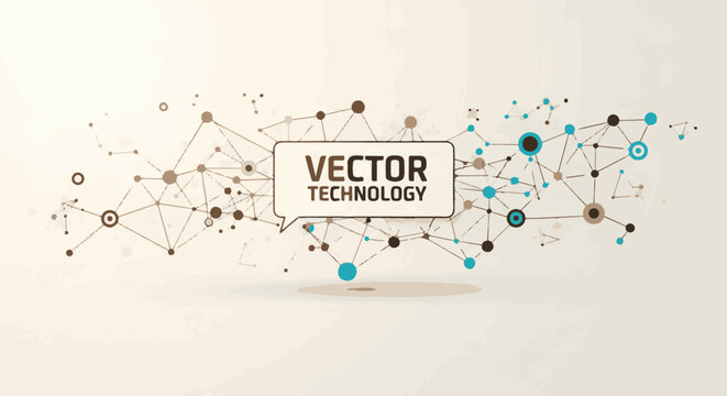 A rectangular text box with 'VECTOR TECHNOLOGY' surrounded by a network of lines and dots in shades of brown, blue, and black on a beige background