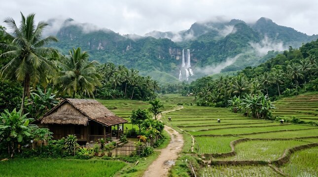 Rice field landscape with hut and mountain range in background