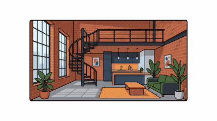 A modern, industrial-style loft with exposed brick walls, a spiral staircase, and a lofted area © Anjas
