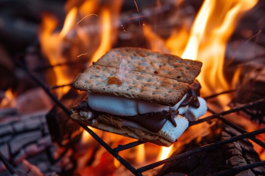 Smore melting over open campfire flames