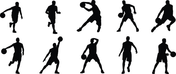 Dynamic Silhouettes of Basketball Players in Action on White Background sport athlete © ripon29
