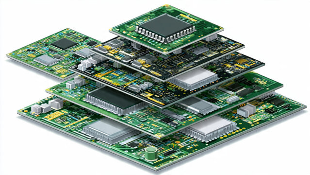stack of colorful electronic circuit boards with chips and components on white background
