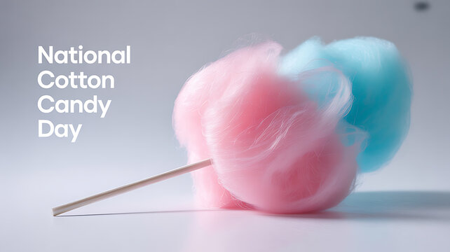 Pink and blue cotton candy on a stick against a white background, celebrating National Cotton Candy Day