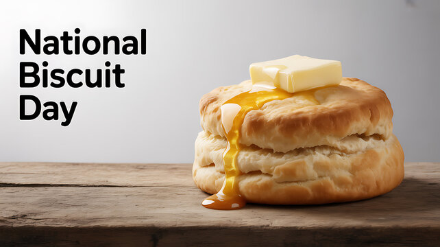 Stack of golden biscuits topped with melting butter on a wooden surface, celebrating National Biscuit Day