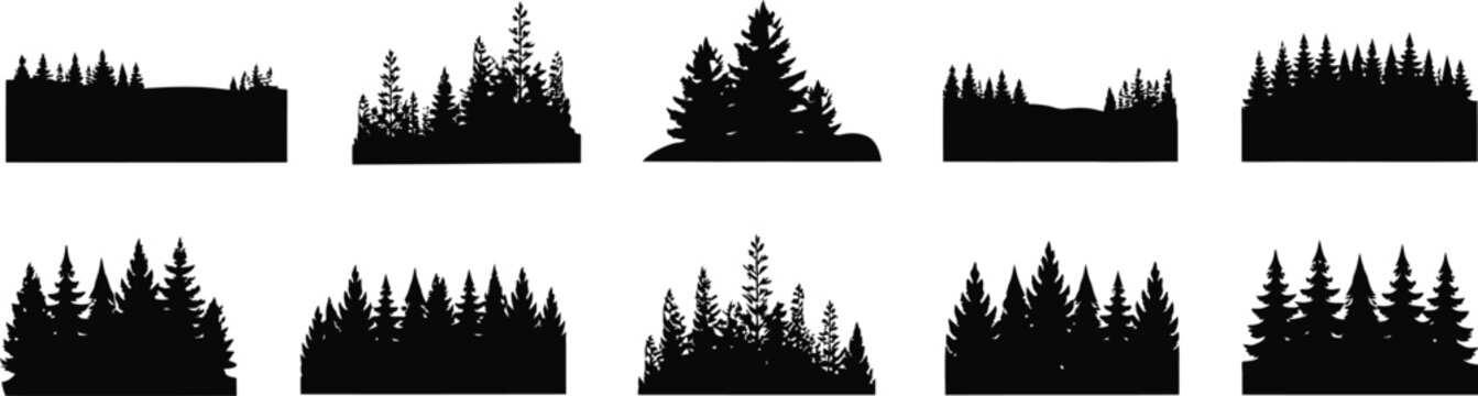 Diverse Black Silhouette Forest Landscapes and Tree Lines on White Background trees nature