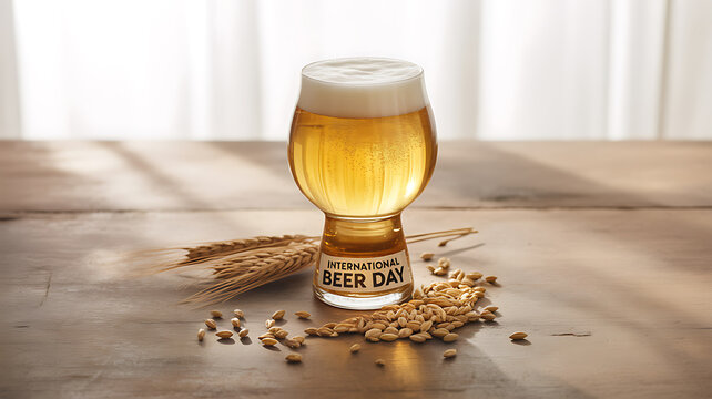 A glass of beer with foam and barley grains on a wooden table, celebrating International Beer Day