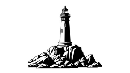 Lighthouse on Rocky Shore: A striking lighthouse stands tall on a rugged, rocky outcrop, its beam a beacon of hope against the vast expanse of the ocean, guiding ships safely through stormy seas. © Susmita