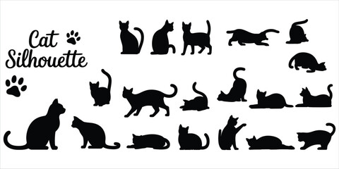 Collection of Black Silhouette Cats in Various Poses and Text " Cat Silhouette feline animals © ripon29