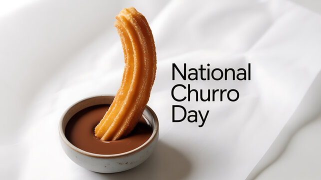 A churro dipped in chocolate sauce on a white background celebrating National Churro Day