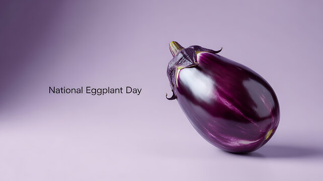 A single eggplant on a purple background with text reading 'National Eggplant Day'