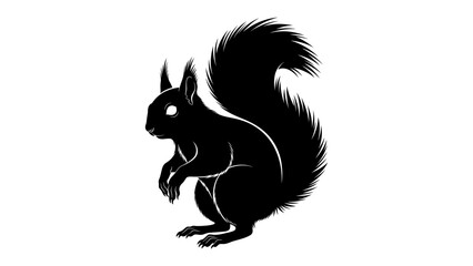 Silhouetted Squirrel: A striking black silhouette of a squirrel, its bushy tail held high, sits attentively on a white background. Its form is stark and graphic. © Susmita