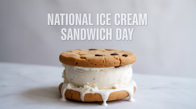 A chocolate chip cookie ice cream sandwich with melting vanilla ice cream, celebrating National Ice Cream Sandwich Day.