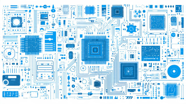 Blue electronic circuit board with complex silicon chips and pathways for technology development