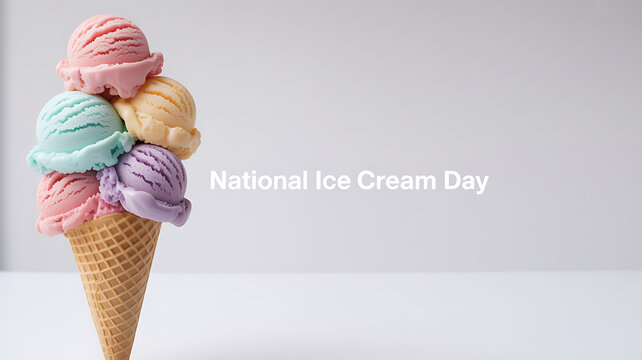 A colorful ice cream cone with multiple scoops in pastel shades celebrating National Ice Cream Day