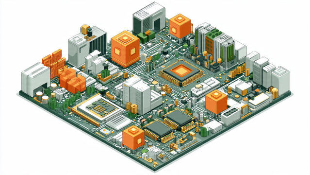  Detailed computer circuit board with green and orange components for technology and electronics concept