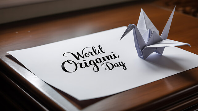 A paper origami crane sits beside a card reading 'World Origami Day' on a wooden surface.
