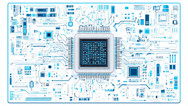Close-up of a microprocessor chip on a circuit board with electronic components and blue color theme for technology concepts