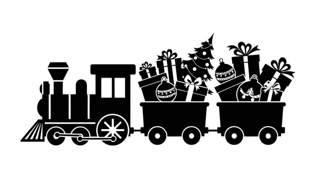 Christmas Train of Gifts: A charming silhouette of a steam train loaded with festive gifts, a Christmas tree, and ornaments, ready to deliver holiday cheer.