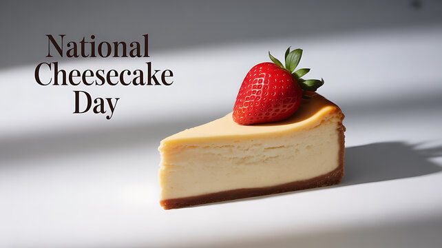 A slice of cheesecake topped with a strawberry, celebrating National Cheesecake Day