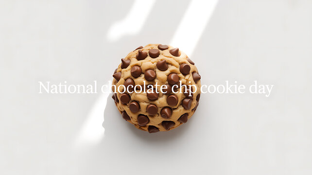 A single chocolate chip cookie on a white surface with text celebrating National Chocolate Chip Cookie Day