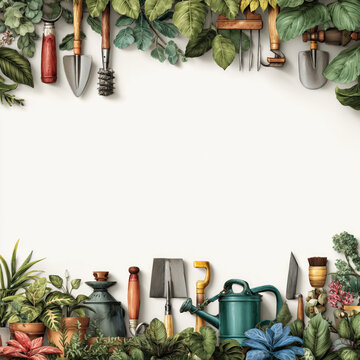 Gardening tool plant frame border with leaf foliage on white copy space