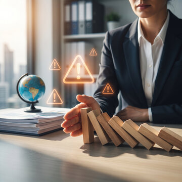 Human hand stopping falling domino blocks, symbolizing risk management, crisis prevention, business continuity, operational stability, and strategic control in corporate environment.