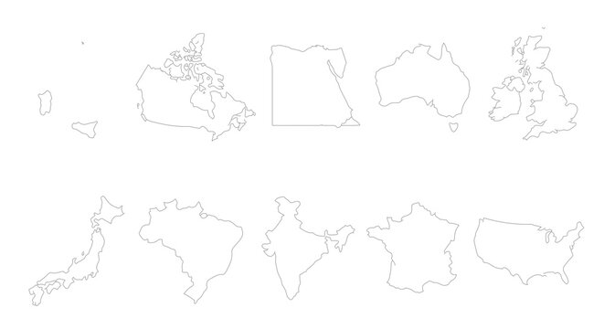 Minimalist world map outline collection, 10 country border vector icons, simple thin line geography silhouettes for travel and education