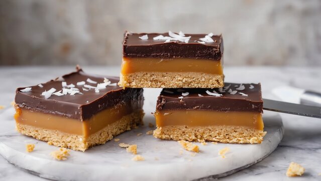 Layered chocolate caramel shortbread dessert bars