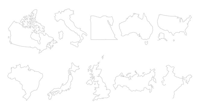 Minimalist world map outlines, set of 10 country border vectors, thin line country silhouettes for geography and travel infographics