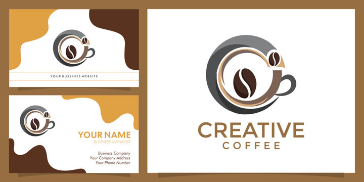 Creative Coffee branding concept with a stylized logo featuring a coffee cup and bean, presented on business cards with a brown and beige color scheme.