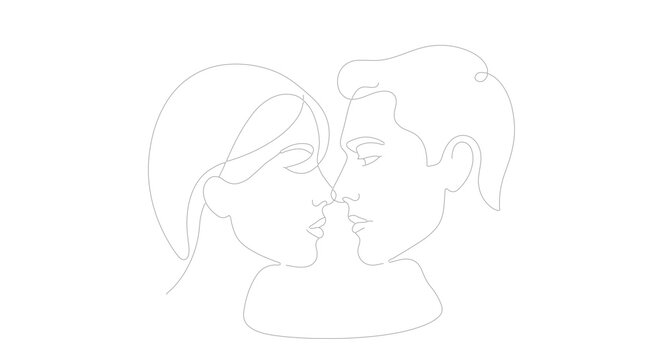 Minimalist continuous line art of a couple, romantic man and woman profile vector, elegant single line drawing of lovers facing each other