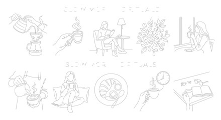 Fototapeta premium Minimalist Slow Morning Rituals Line Art, Hand Drawn Coffee Culture Vector Icons, Aesthetic Daily Routine Illustrations for Wellness and Self Care