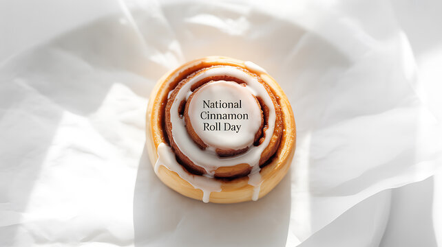 A single cinnamon roll with white icing and text reading 'National Cinnamon Roll Day' on a white paper background
