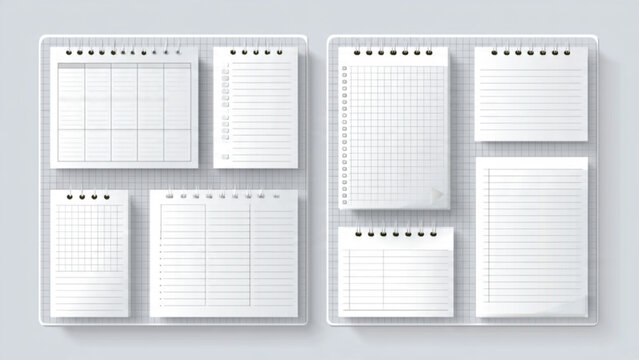 Collection of blank notebooks and planners with pages in various layouts suitable for writing notes plans and organizing tasks