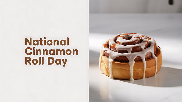 National Cinnamon Roll Day celebration featuring a glazed cinnamon roll on a white surface