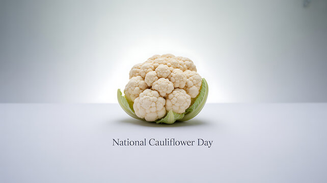 A whole cauliflower displayed on a white surface with soft lighting, commemorating National Cauliflower Day