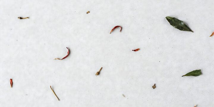 Scattered dried herbs and spices on a textured white surface, isolated on transparent background png
