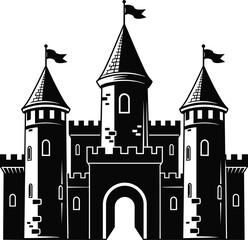 Black and white vector illustration of medieval castle with towers, battlements, flags, and arched entrance — perfect for history, architecture, fantasy, and storytelling themes. © Hasnat