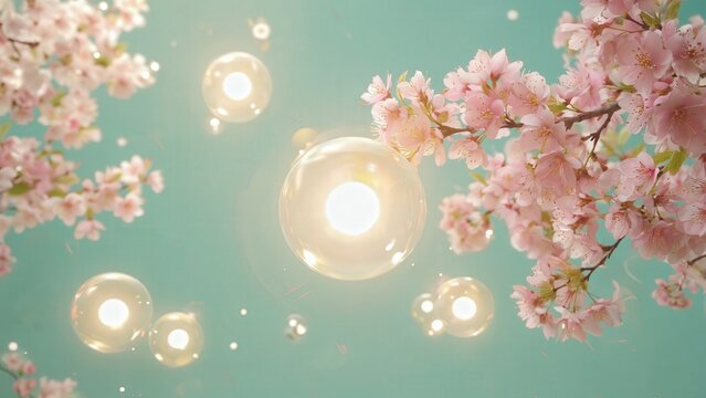 Glowing bubbles with cherry blossoms background