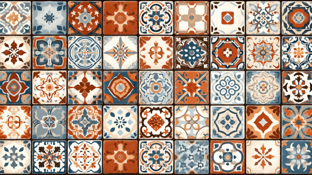 Colorful traditional mosaic tiles with intricate geometric patterns in warm blue orange and brown shades