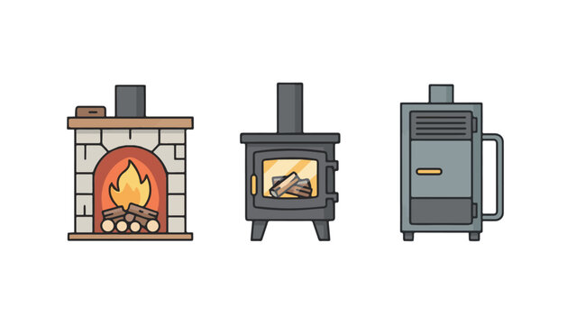 Three Different Types of Modern Fireplaces and Heating Devices.