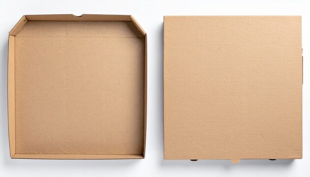 plain cardboard pizza box mockup, closed and open packaging view, realistic kraft texture, branding ready design presentation, top angle composition