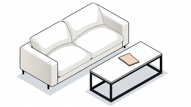 Modern white sofa with black metal frame and wooden coffee table in contemporary living room