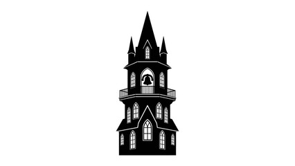 Gothic Bell Tower Silhouette: A striking black silhouette of a gothic bell tower, featuring ornate spires, arched windows, and a prominent bell, stands tall against a stark white background. © Susmita