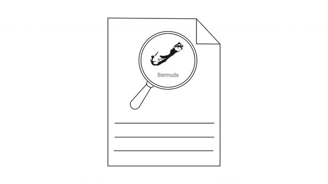 Magnifying glass over document with Bermuda outline and text.