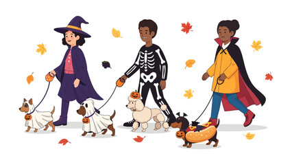 Halloween Parade Fun: Three children in festive Halloween costumes, each accompanied by their costumed canine companions, march joyfully through a leaf-strewn path.